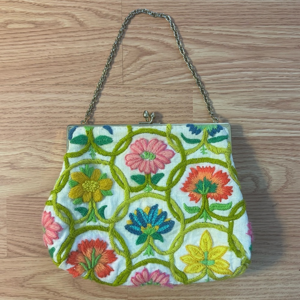 Vintage 70s crewel embroidered retro linen fabric multicolor snake clasp bag